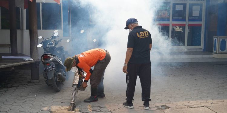 Memperingati Hari Kesehatan Nasional, DPD LDII Kabupaten Jombang bersama Pondok Pesantren Gadingmangu dan Puskesmas Perak menggelar penyemprotan insektisida. Foto: LINES.