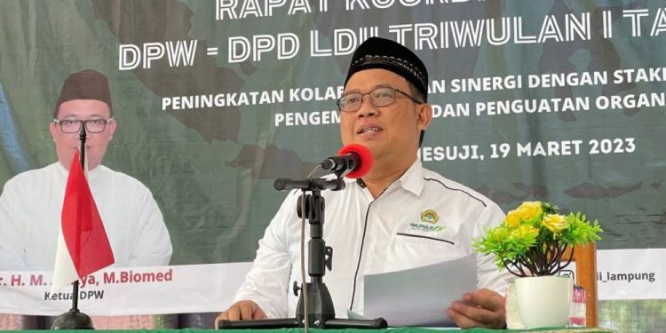 Ketua DPW LDII Lampung, Aditya mengungkapkan tantangan bangsa Indonesia di masa depan, saat Rakor LDII Lampung. Foto: LINES.