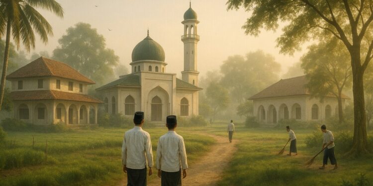 Suatu pagi yang damai dengan suasana pedesaan yang asri, Pondok Pesantren Nurul Hakim di Dusun Kaliawen, Kediri. Ilustrasi: chat gpt