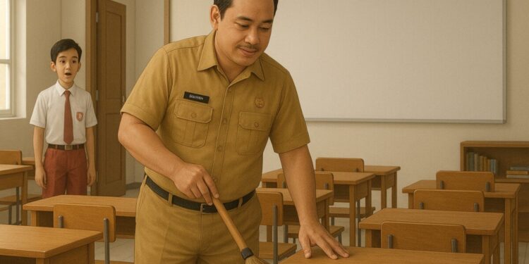 Ilustrasi guru yang sedang merapihkan kelas.