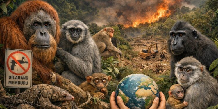 Ilustrasi hewan primata Indonesia.