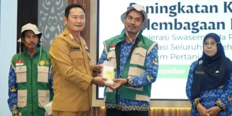 Wakil Sekretaris DPD LDII Kabupaten Lamongan, Kartono, menerima penghargaan sebagai Penyuluh Pertanian Inovatif dari Bupati Lamongan, Yuhronur Efendi. Foto: LINES