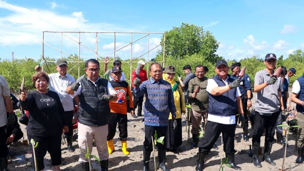 Dirjen Polpum Kemendagri Akmal Malik bersama Gubernur Bali I Wayan Koster dan generasi muda LDII melakukan penanaman mangrove. Foto: LINES.