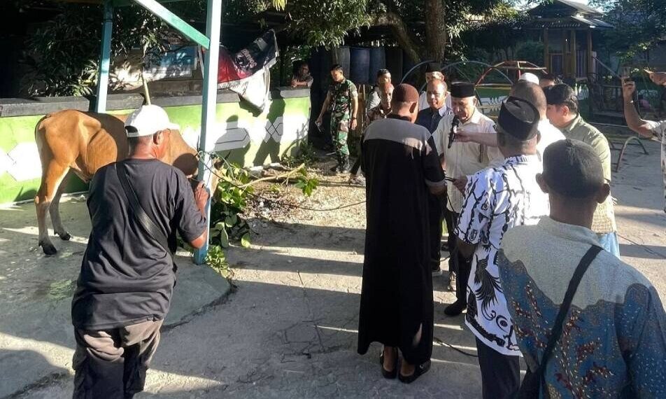 Bupati Kaimana, Hasan Achmad, menyerahkan secara simbolis 33 ekor hewan kurban bantuan pemerintah daerah. Foto: LINES.